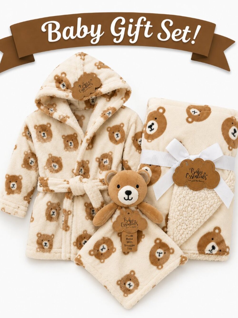 NWT Baby Essentials 3-Piece Baby Boy Gift Set Robe & Lovey Baby Shower Gift Set